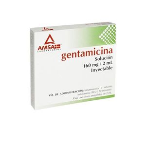 Gentamicina Solucion Inyectable 160 mg/2 mL 5 Ampolletas de 2 mL