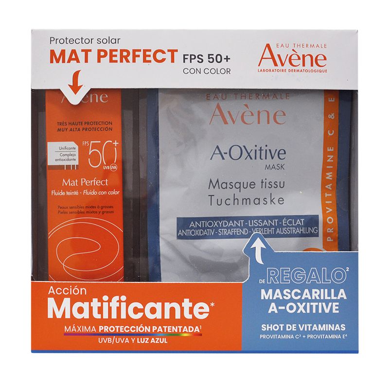 Kit-Avene-Protector-Solar-Mat-Perfect-FPS-50--Color-Matificante---Mascarilla-A-Oxitive-2-Piezas