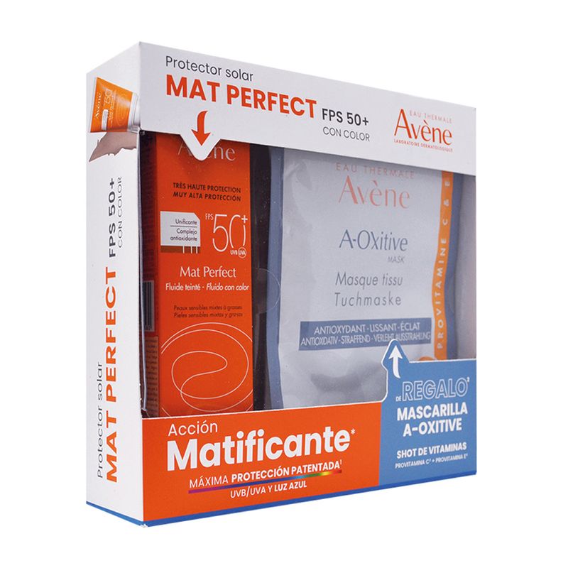 Kit-Avene-Protector-Solar-Mat-Perfect-FPS-50--Color-Matificante---Mascarilla-A-Oxitive-2-Piezas