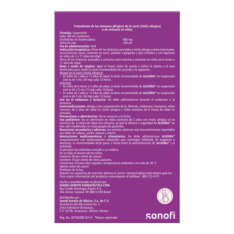 AllegraSuspensionPediatrico6mgFrascocon60mL