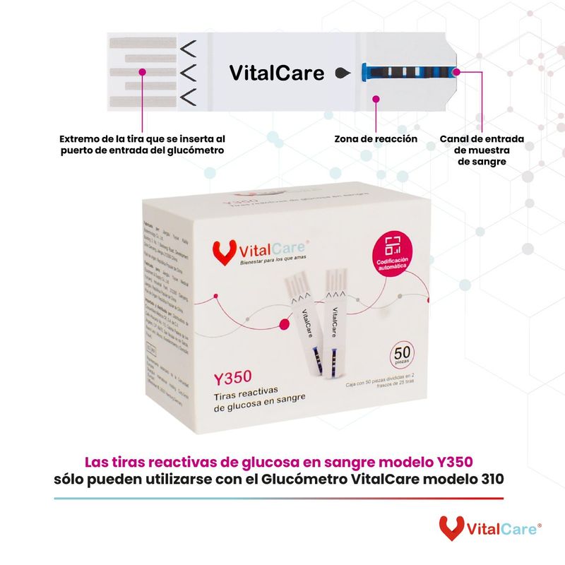 Tiras Reactivas Vital Care Y350 2 Frascos de 25 Piezas c/u