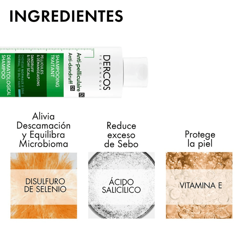 Dercos Shampoo Anticaspa Grasa Vichy Cabello Normal a Grasa 390 mL