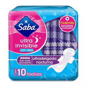 Toalla Femenina Saba Ultra Invisible con Alas Ultra Delgada Nocturna 10 Toallas