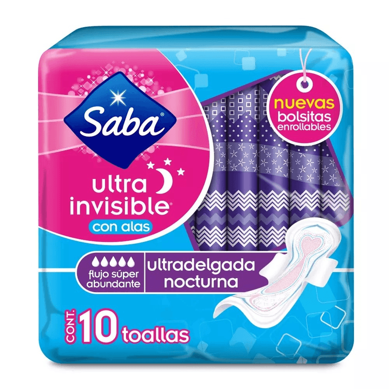 Toalla Femenina Saba Ultra Invisible con Alas Ultra Delgada Nocturna 10 Toallas