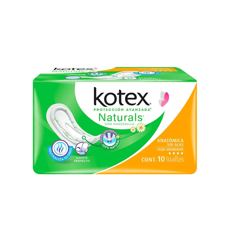 Toalla Femenina Kotex Naturals con Manzanilla Abundante Sin Alas 10 Toallas