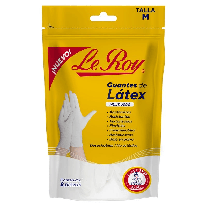 Guantes de Latex Multiusos Desechables Le Roy Mediano 8 Piezas
