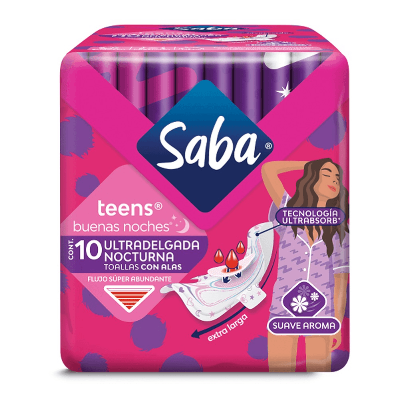 Toalla Femenina Saba Teens Buenas Noches Ultradelgada con Alas 10 Toallas