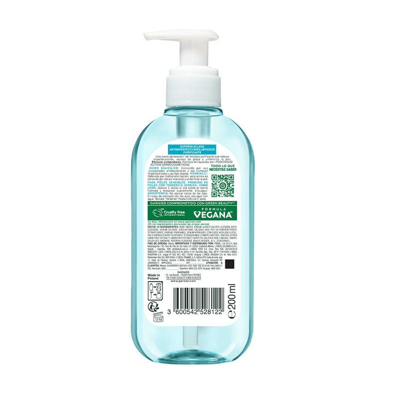 Gel Limpiador Purificante Garnier SkinActive Express Aclara Anti Imperfecciones 200 mL